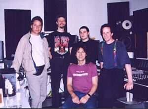 MJ with 2nd version of band Sound Sculpture at NYC recording studio, 1993. from left, Rob Thomas, Jon Doty, Jay Mazzarella, Steve Samuels